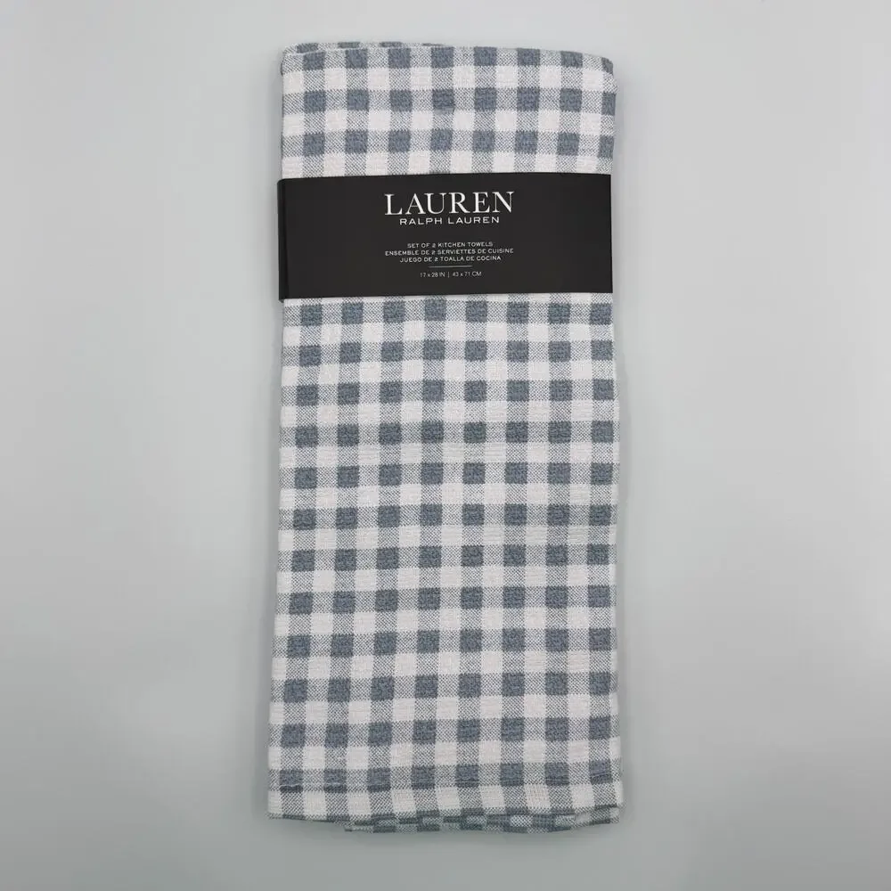 Lauren Ralph Lauren Kitchen Towels Set of 2 Blue White Gingham Check 17x28 NWT